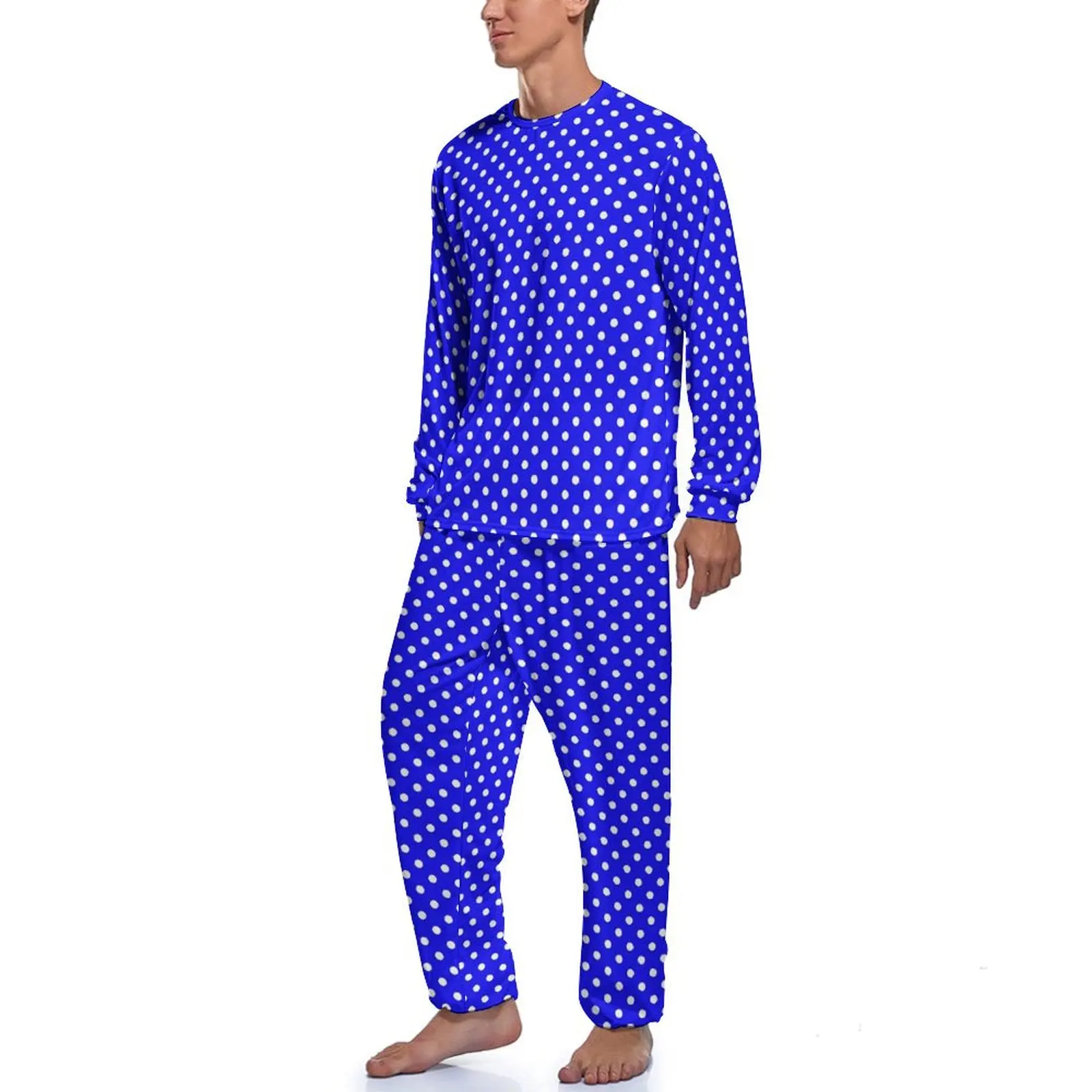 Retro Polka Dot Pajamas Winter 2 Pieces Blue and White Elegant Pajamas Set Man Long Sleeve Home Graphic Sleepwear