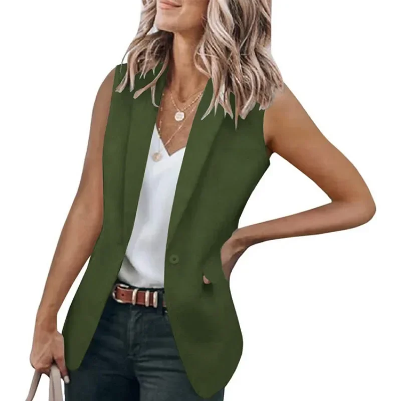 Casaco feminino sem mangas de lapela de um botão, jaqueta senhora do escritório, moda elegante, outwear verão, colete espartilho, blazer, escritório, verão