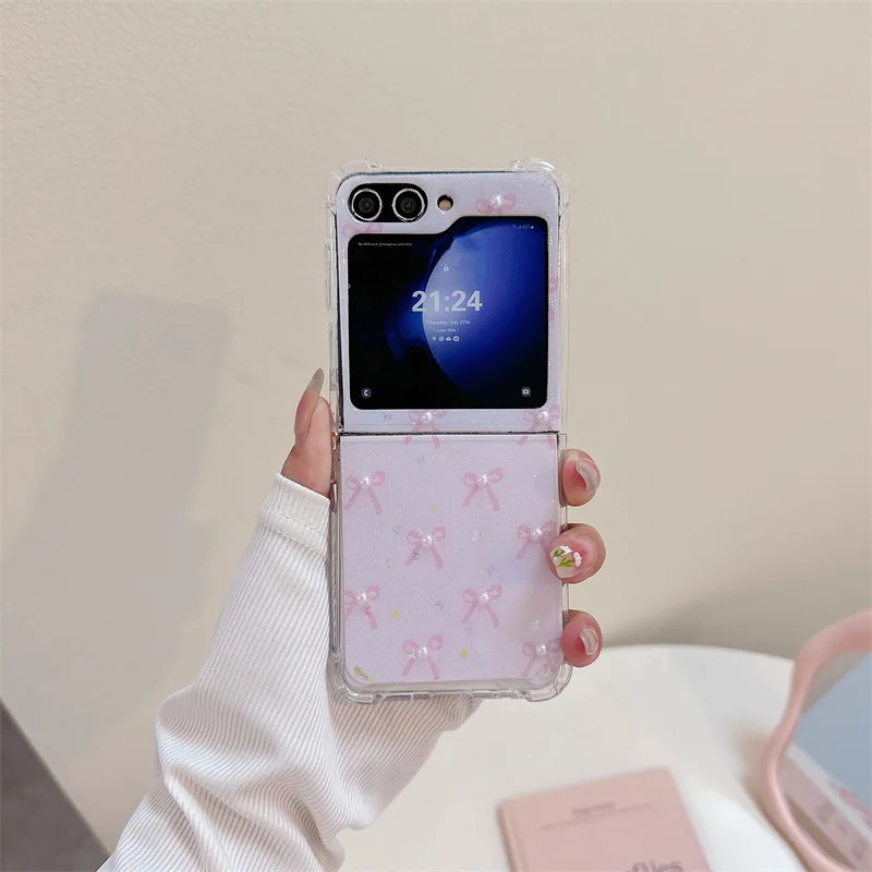 

3D Pearl Bow Phone Case for Samsung Galaxy Z Flip 6 5 4 3 Protective Back Cover for ZFlip4 ZFlip5 ZFlip6 Case Shell