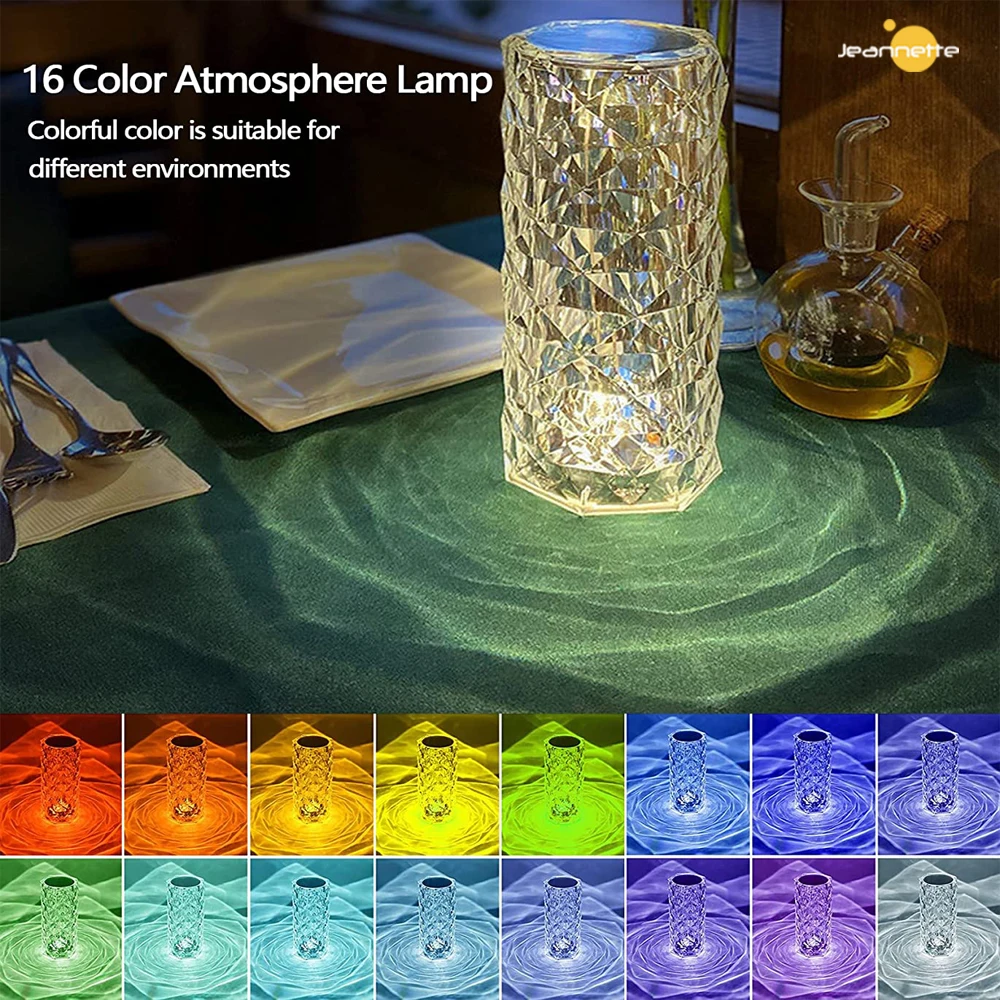 LED Crystal Table Lamp Rose Light Projector 3/16 Colors Touch Adjustable Romantic Diamond Decorate Light USB Touch Night Light