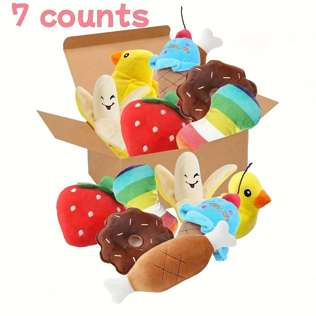 7 Pcs Dog Speech Toys Set Plush Pet Chewing Plush Fruit Snacks Vegetables Dog Toys Accessories For Dogs Fashionable Funny Cute