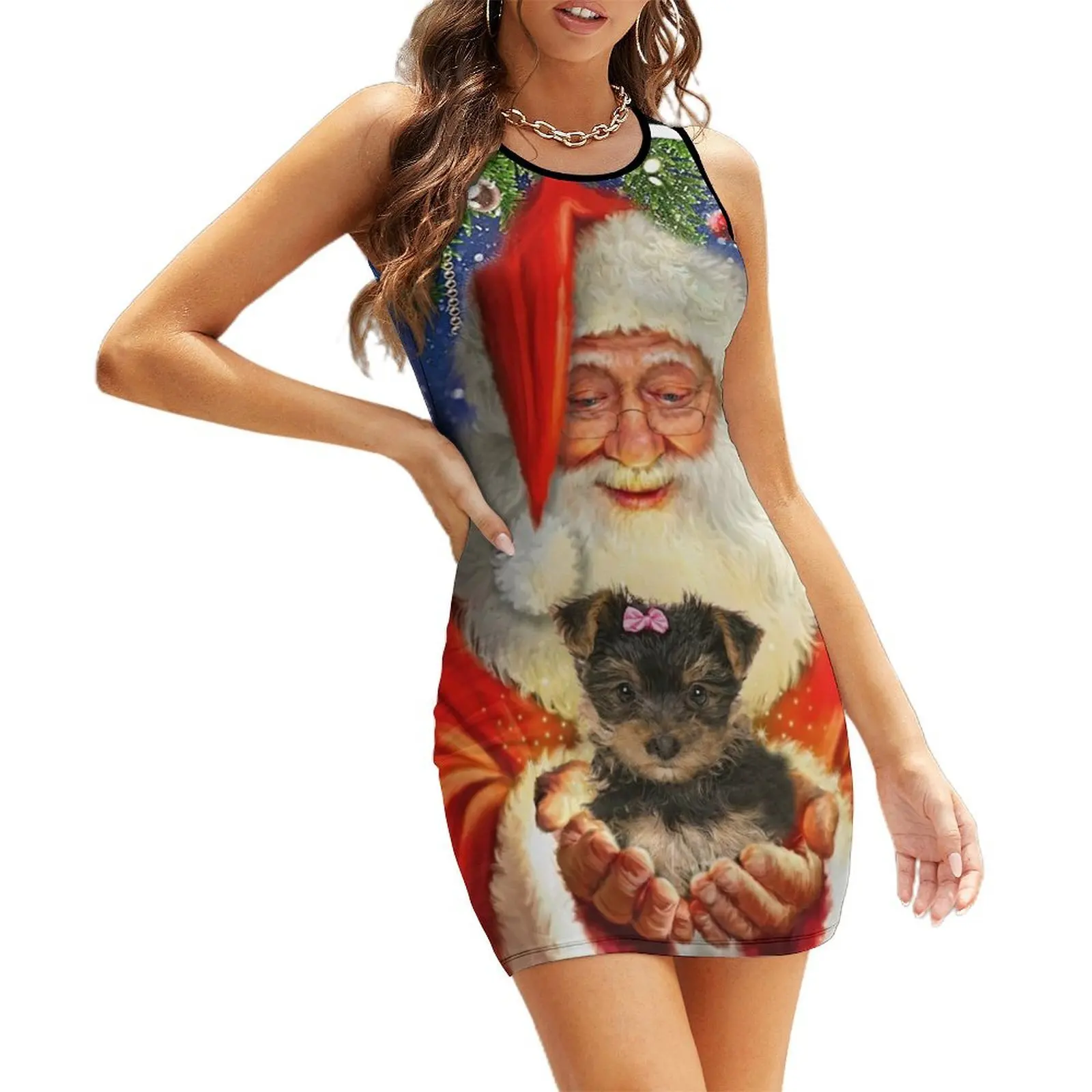 

Santa Claus with a cute puppy Dog grandpa in christmas time Sleeveless Sundress luxury women's party dress evening prom