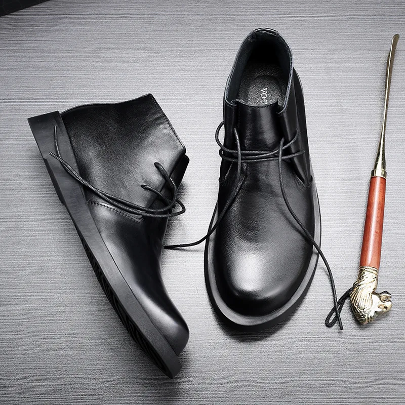 

New Big Toe Business Casual High-top Lace-up Genuine Leather Thick Soft Bottom Men's Shoes British Chelsea Ankle Boots 030