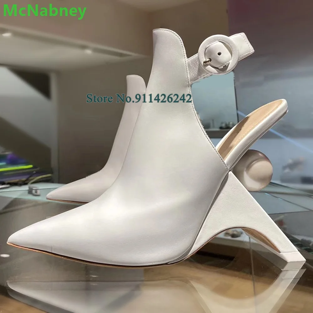 

Strange Heel Pearl Slingback Short Boots For Female Women Ankle Buckle Strap Pointed Toe Leather Fabric Fashion Runway Shoes