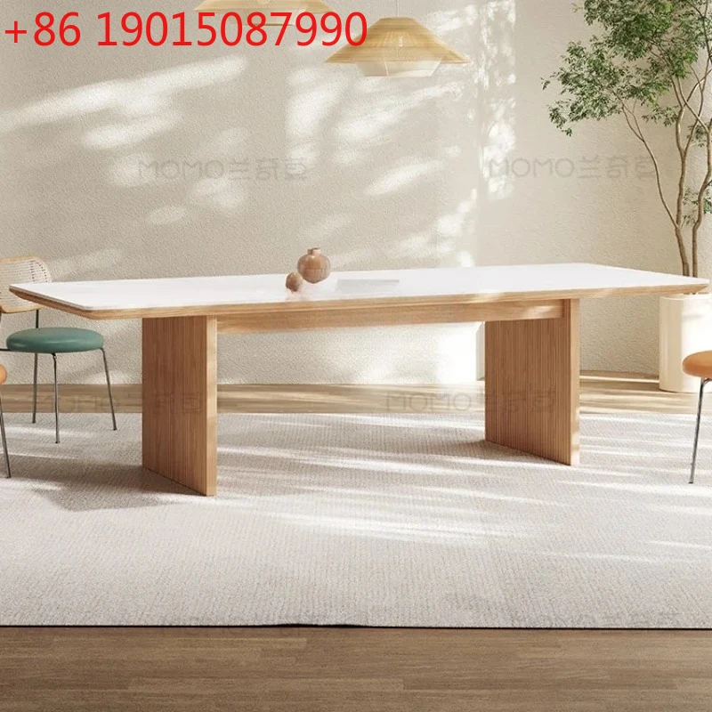 

Pure white rock slab dining table solid wood modern simple large apartment Nordic cream log color dining table