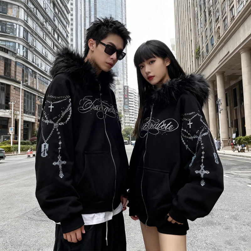 

Gothic cross chain printed faux fur hooded sweatshirt for men and women, loose street style zipper sweatshirt, autumn and winter
