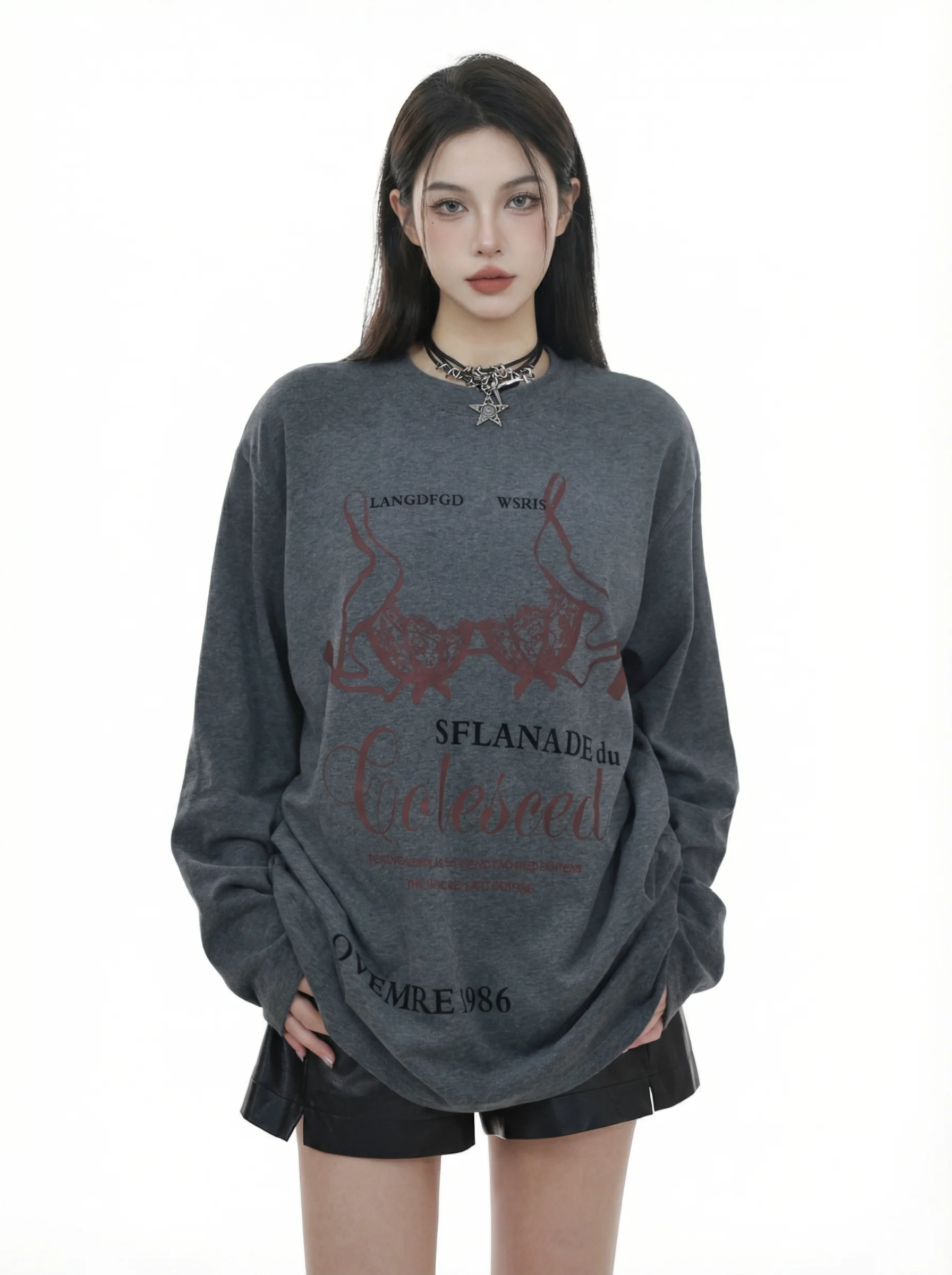 

Необыкновенная удобная свободная женская футболка с принтом Long Sve Ultra Slim Fit ay Base irt Lazy Sle Faionable Com...