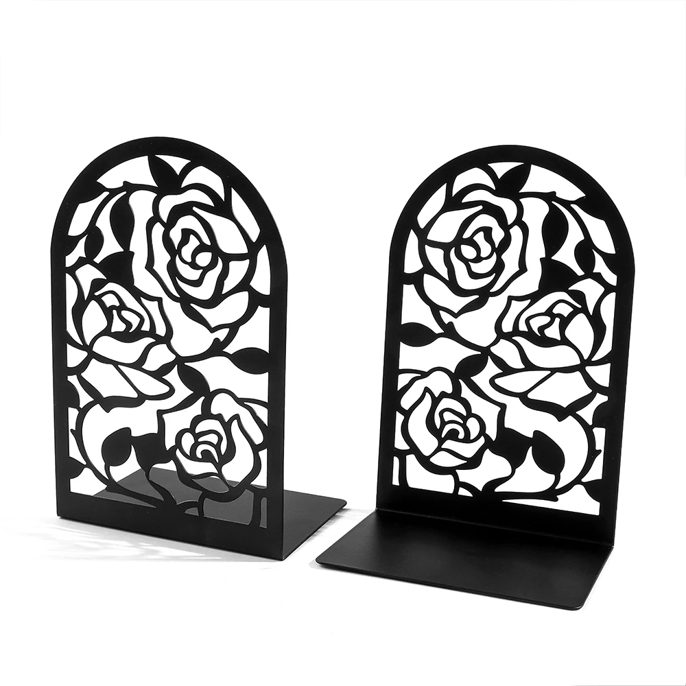 Sujetalibros Vintage Courtly Fashion Black Rose Flower para estante, Decro soporte de almacenamiento de libros, tapón de libros de Metal para mujer