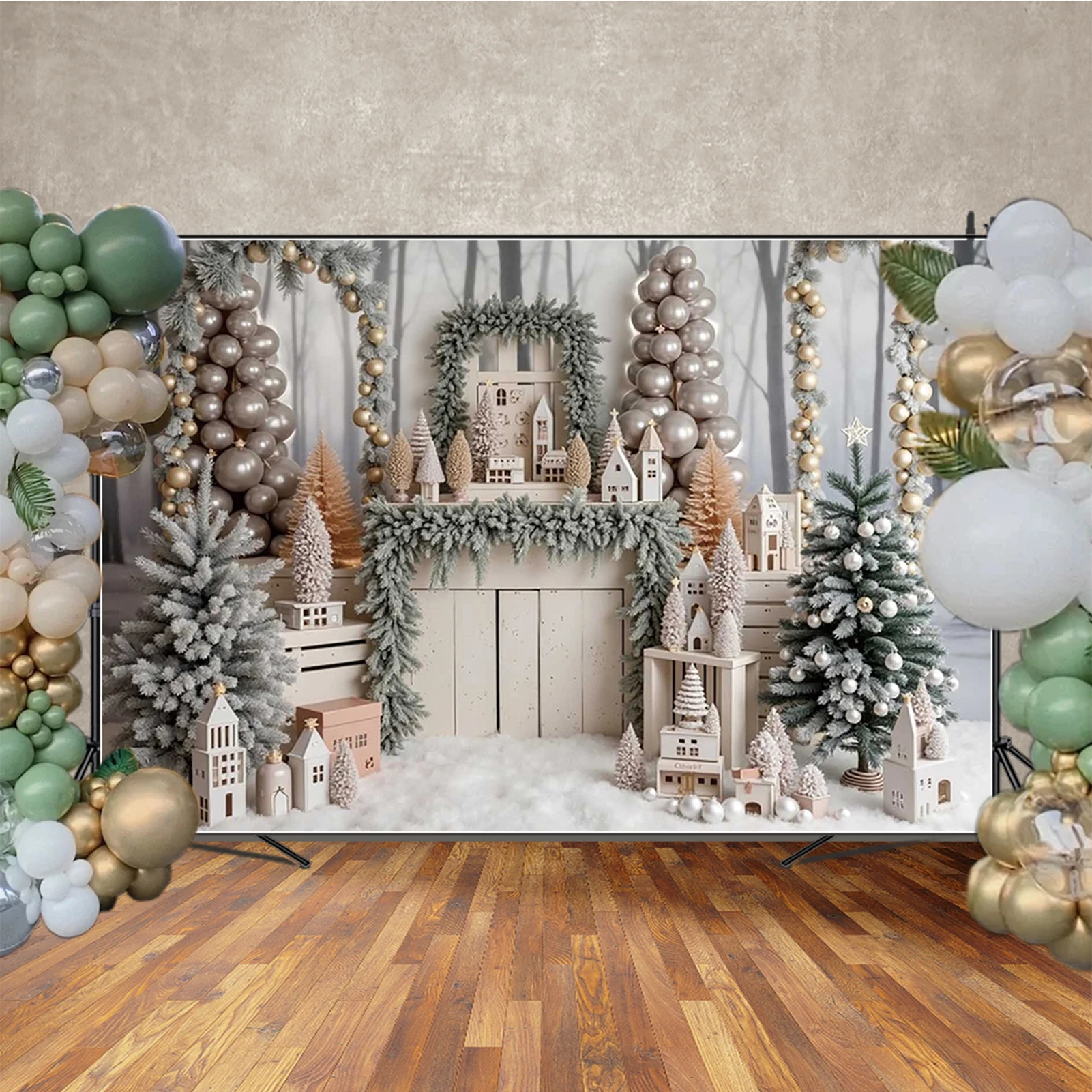 MOON.QG 사진용 배경 포토존 나무 크리스마스 트리 흰색 벽난로 크리스마스 맞춤 배경 사진 액세서리