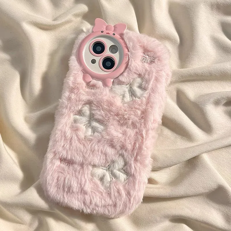 Cute Embroidery Bow Plush Phone Case For iPhone 15 14 11 12 13 Pro Max Drop Protection Cover