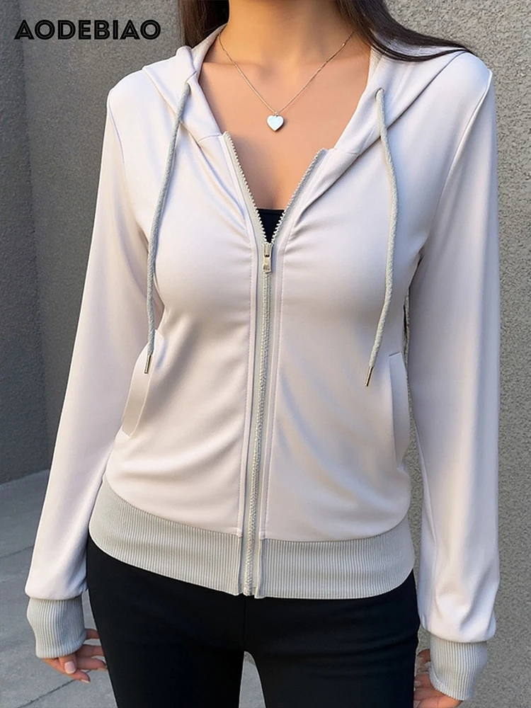 AODEBIAO Women Hooded Hoodie Autumn Winter Long Sleeves Fashion Cardigan Solid Coat Top Casual Streetwear Drawstring New Hoodie