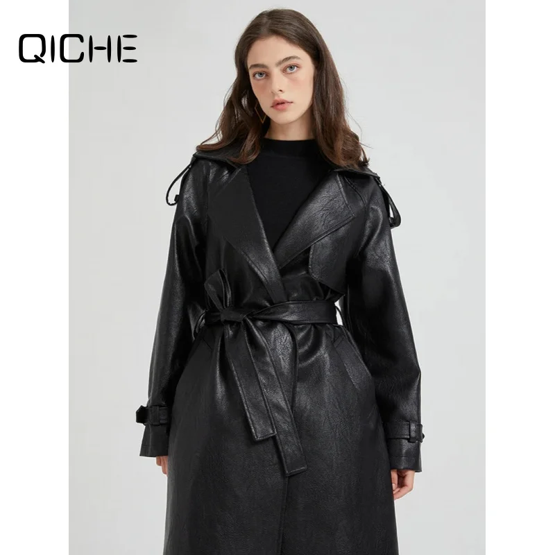 QICHE 2026 Spring Autumn Women Extra Long Brown PU Trench Coat European Runway Fashion Luxury Chic Overcoat With Sashes