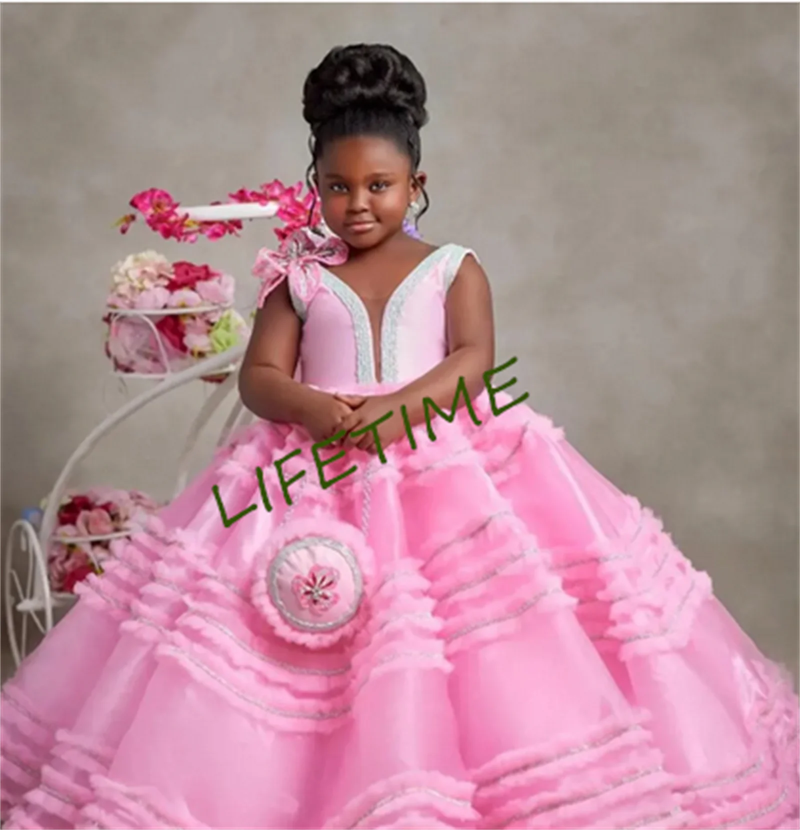 Pink Floral Girls Pageant Dress Tiered Flower Girls Dresses for Wedding Kids Ruffles Party Birthday Gowns Photoshoot 1-14T