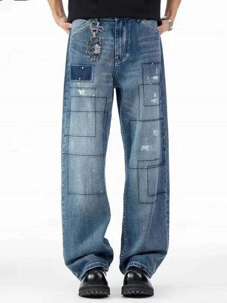 End Men's High Baggy Jeans American Casual Patchwork Paint Splatter Design High End Streetwear Denim Long Pants GUQY