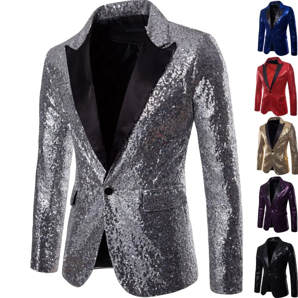 Blazer décontracté à paillettes rondes imbibées pour hommes, poche à bouton unique, marié de mariage, spectacle sur scène, accueil, vêtements pour