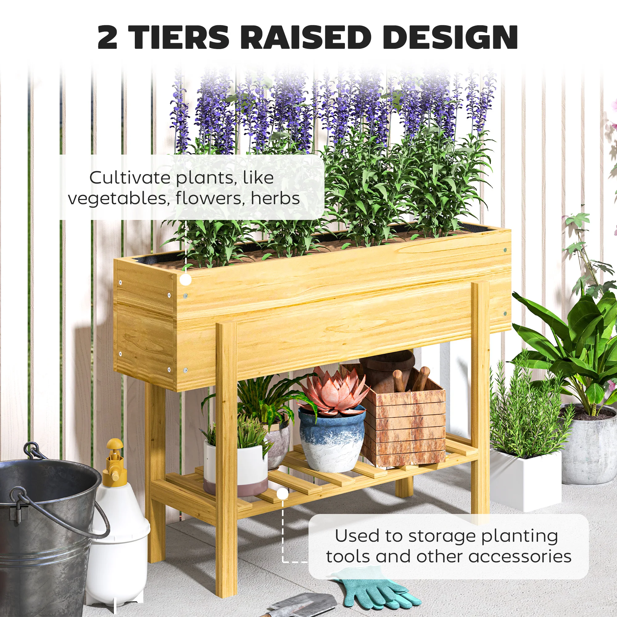Wooden Raised Garden Bed with Bed Liner, Storage Shelf, Natural Wood Finish
