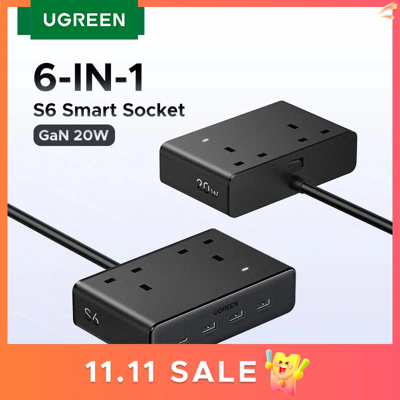 

UGREEN 6 в 1 Удлинитель Великобритании 2 AC 3 USB-A 1 USB-C 2990 Вт 13A 250 В Сетевой фильтр Материал ПК со световым индикатором