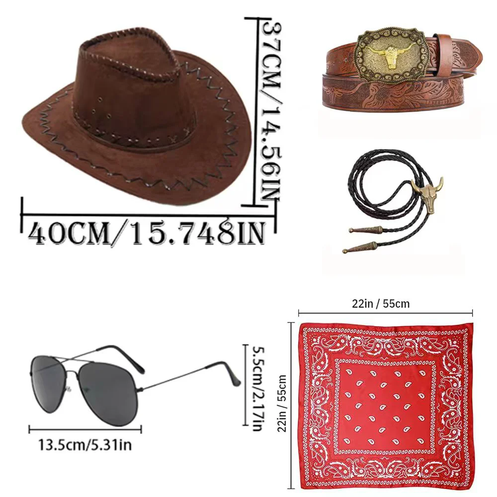 PESENAR Conjunto de accesorios para disfraz de vaquero occidental, sombrero de vaquero, pañuelo, pin, kit de mezclilla, vestido de fiesta de Halloween