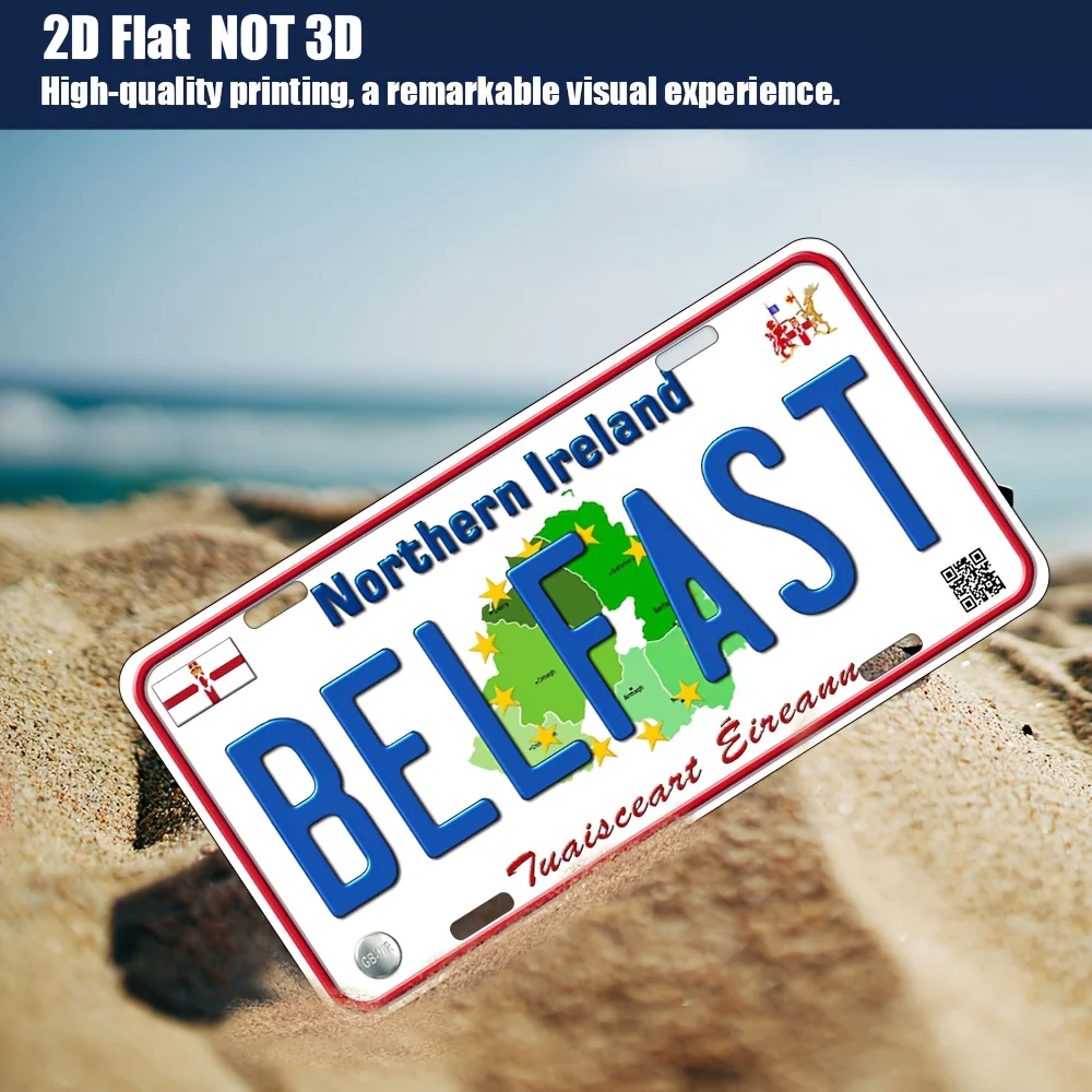 2D Flat, 1pc Vintage Northern Ireland Belfast License Plate Replica - Heavy-Duty Aluminum Metal Wall Decor with Pre-Drilled Hole