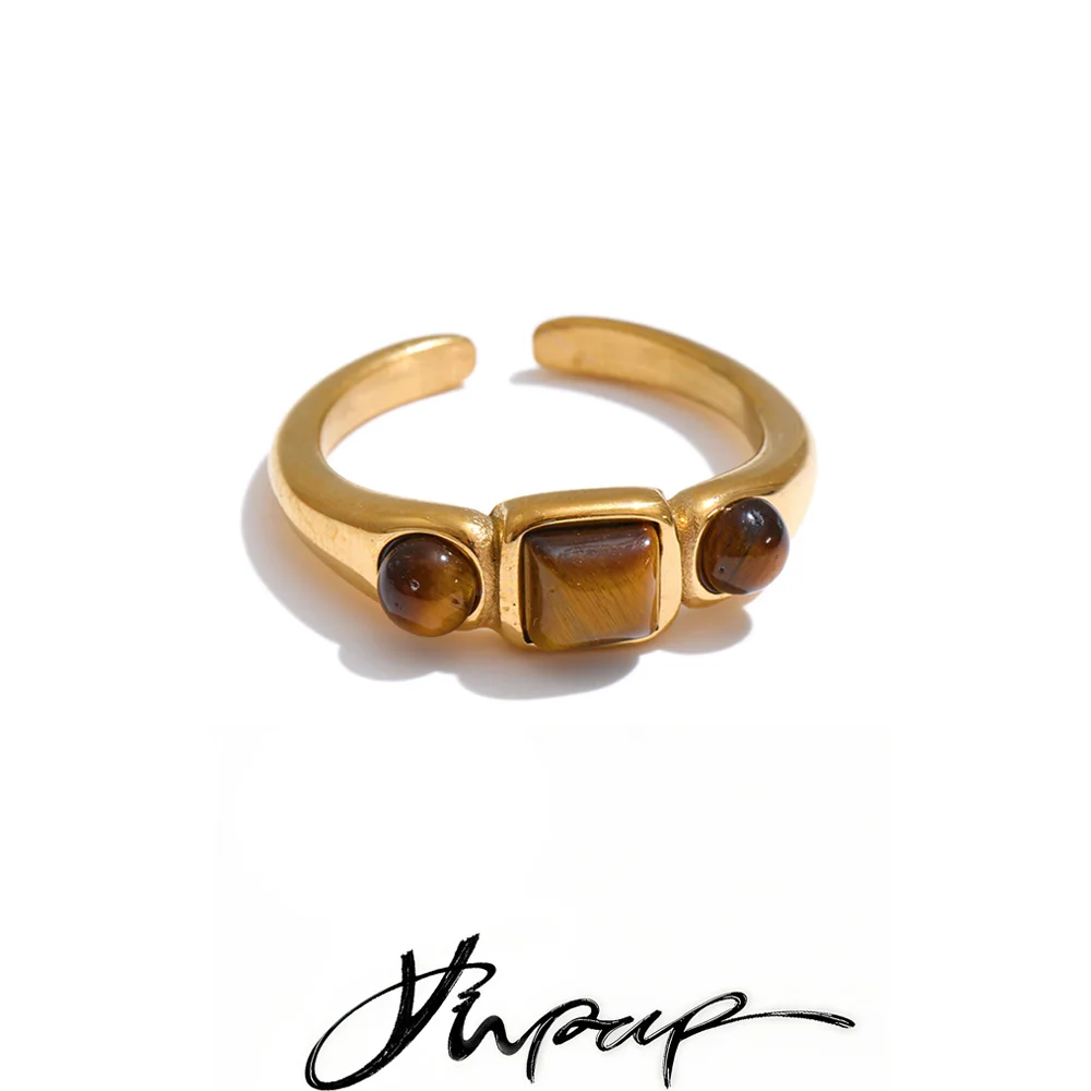 Yhpup Size 7 Stainless Steel Natural Tiger Stone Open Ring 18K Golden PVD Plated 2026 Summer Daily Finger Stylish Jewelry
