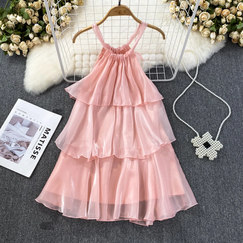 

Summer Ruffles Cake Dresses Women Sexy Halter Tie Bow Spaghetti Strap Dress Ladies Sleevess A Line Large Hem Short Mini Vestidos