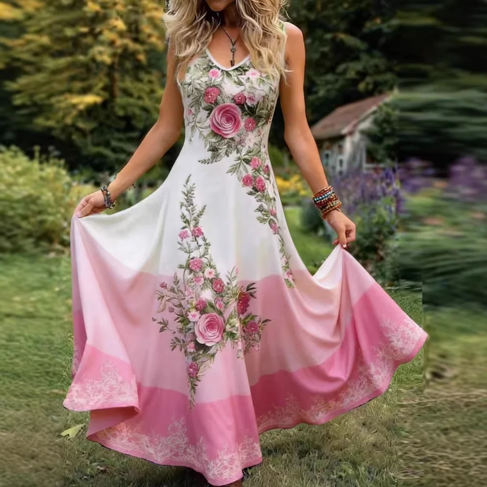 Damen-Maxikleid mit böhmischem Blumendruck, ärmellos, V-Ausschnitt, hohe Taille, A-Linie, langes Kleid, Vintage-Boho-Stil, lässiges Sommer-Party-Sonnenkleid – Detail 3