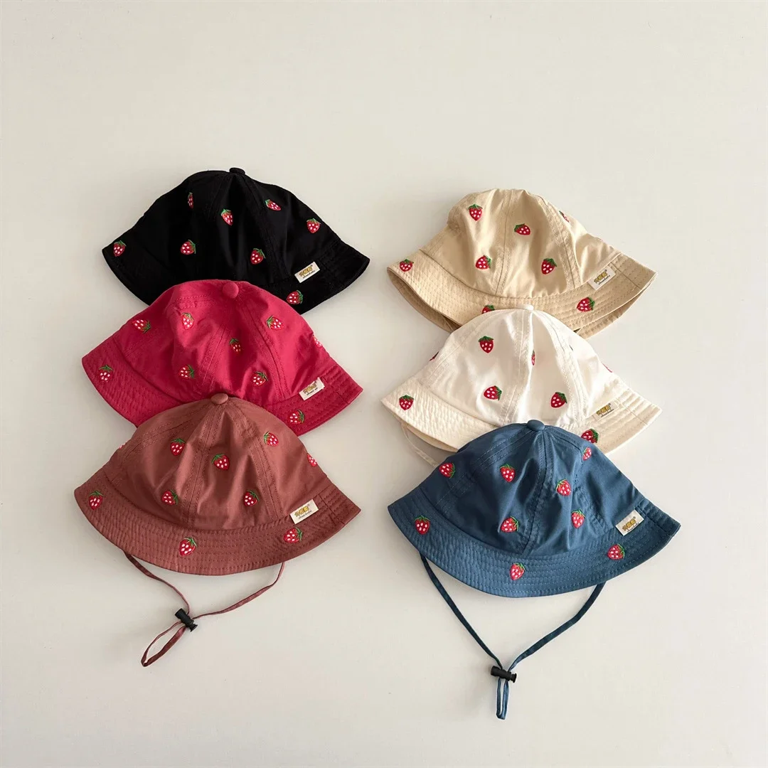 

New Spring Summer Baby Girls Hat 1-4T Sweet Embroidered Strawberry Kids Fisherman Hat Cute 6 Colors Adjustable Children Sun Hat