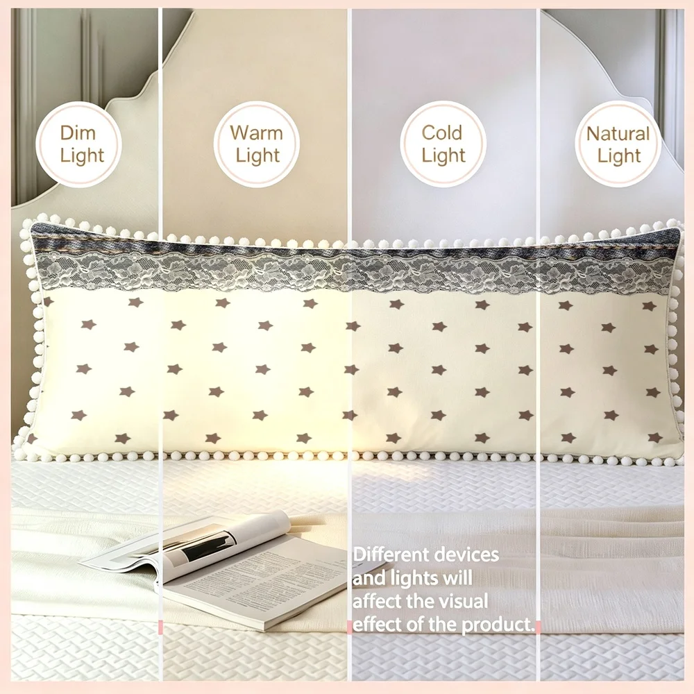 1PC Cream Background with Brown Small Stars and Lace Trim, Sweet Vintage Girlish Star Long Pillow Cover with Pom Pom Trim