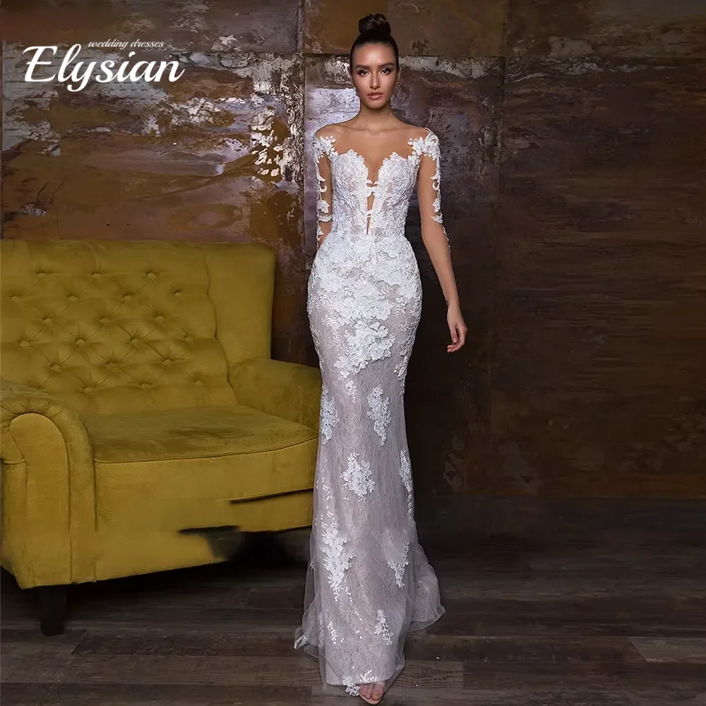 

Индивидуальные кружевные свадебные платья русалки с длинными рукавами и аппликацией с блестками, свадебное платье со съемным шлейфом, большие размеры для невесты