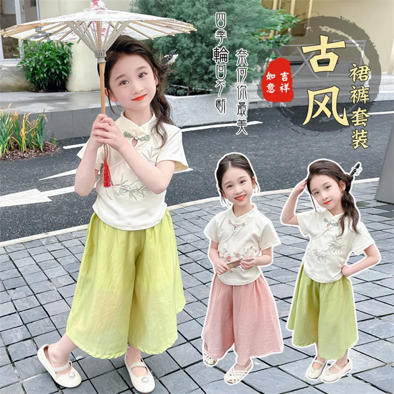 

2024 Summer Clothes, New Chinese Buckle Top, Wide-leg Pants, Chinese Style Two-piece Set