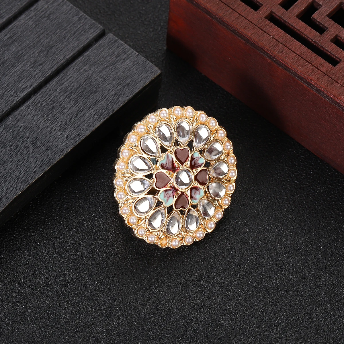 Luxury CZ Zircon Flower Rings Indian Jewelry For Women Retro Pearl Finger Ring Banquet Wedding Jewelry Female Gifts