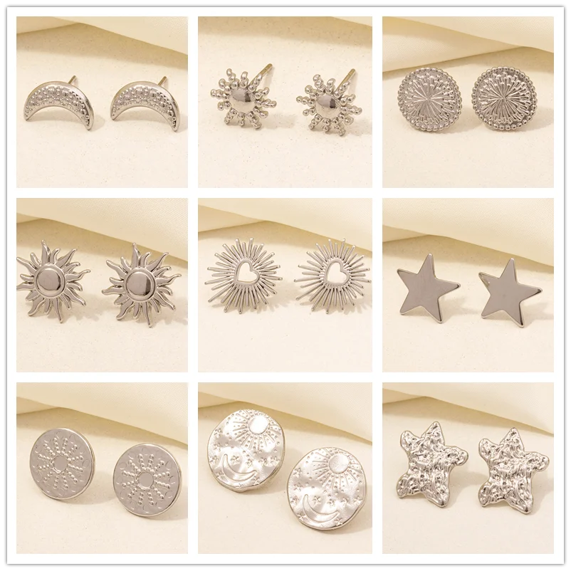 6pc Personality Fashion Sun Moon Star Stainless Steel Earrings For Women Men Charming Jewelry Silver Color Ear Studs Couple Gift