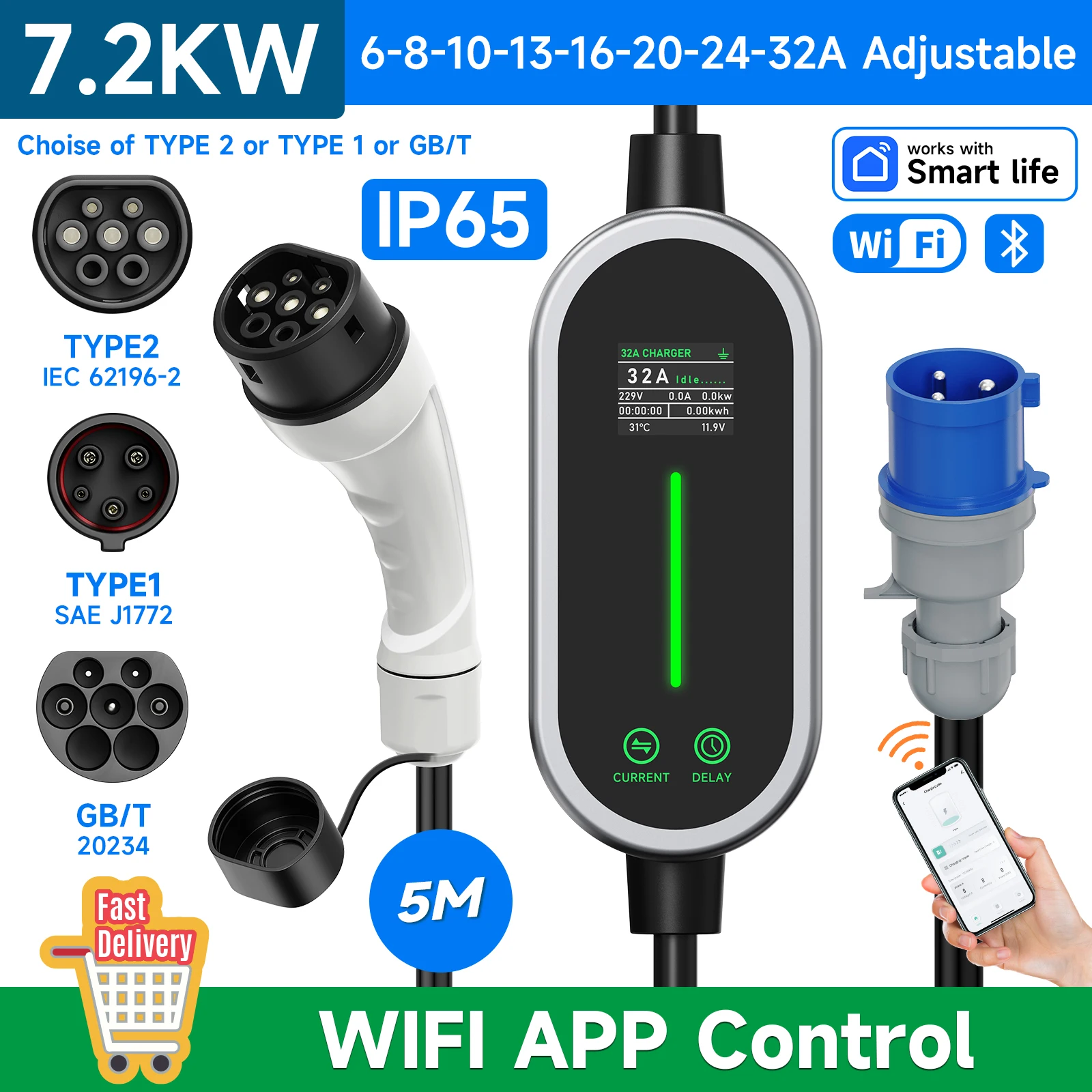 JNTAFEV 7,2KW Tragbares Elektrofahrzeug-Ladegerät 32A 1-phasig Typ2 EV-Ladegerät CEE-Stecker Typ1/GB/T Autoladegerät WIFI APP-Steuerung