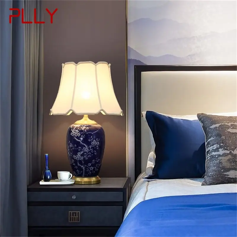 

PLLY Blue Ceramic Table Lamps Brass Modern Luxury Fabric Desk Light Home Decorative for Living Room Dining Room Bedroom