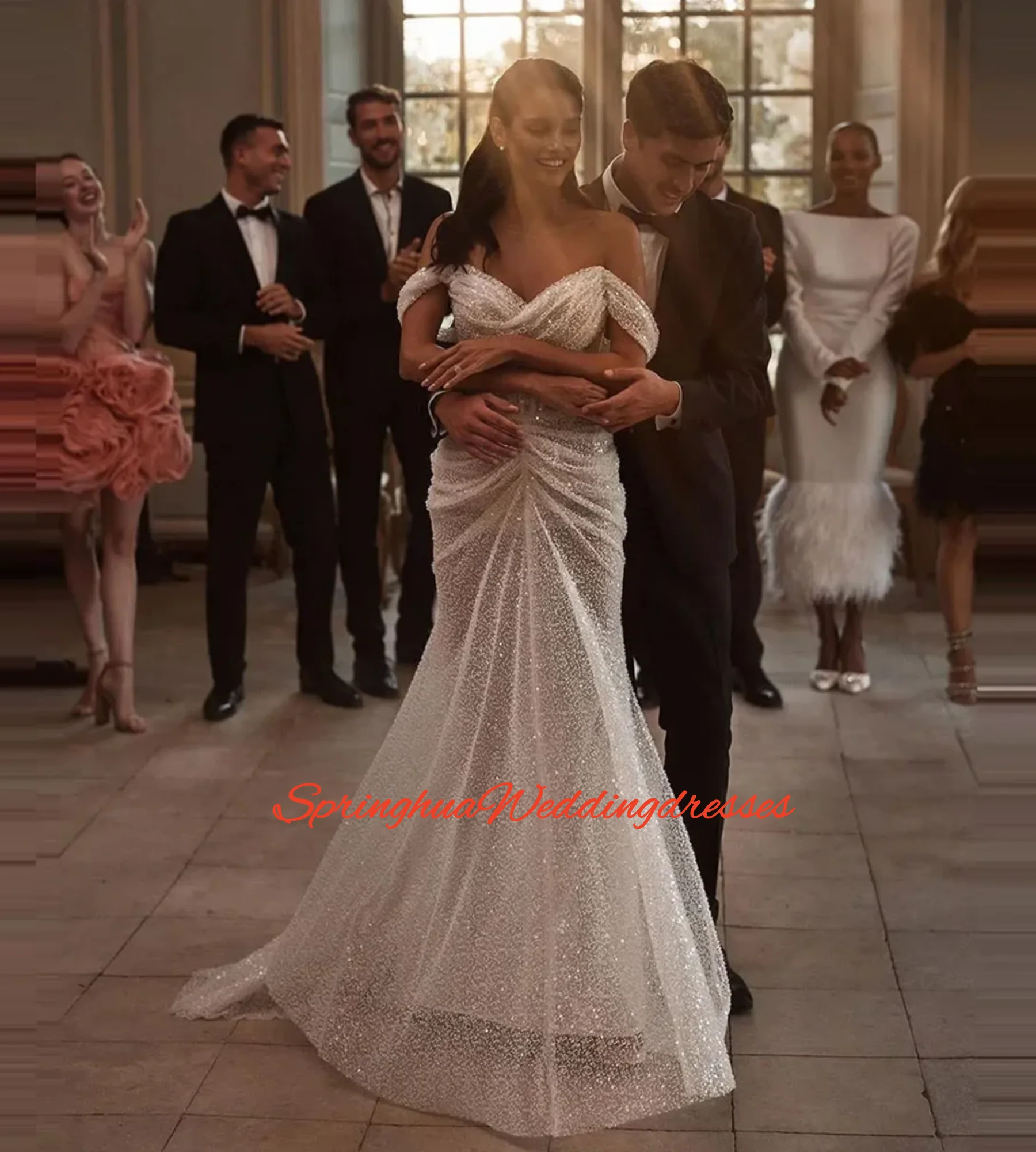 

Customized Luxury Wedding Dresses Women Beading Pearl Glitter Mermaid Bride Dress Off The Shoulder Long Reception Brides Gown