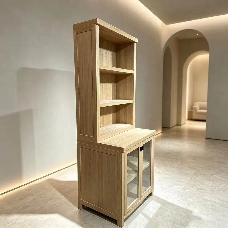 Solid Teak Glass Door Display Cabinet Living Room Storage Bookcase Full Hardware Modern Home Furniture