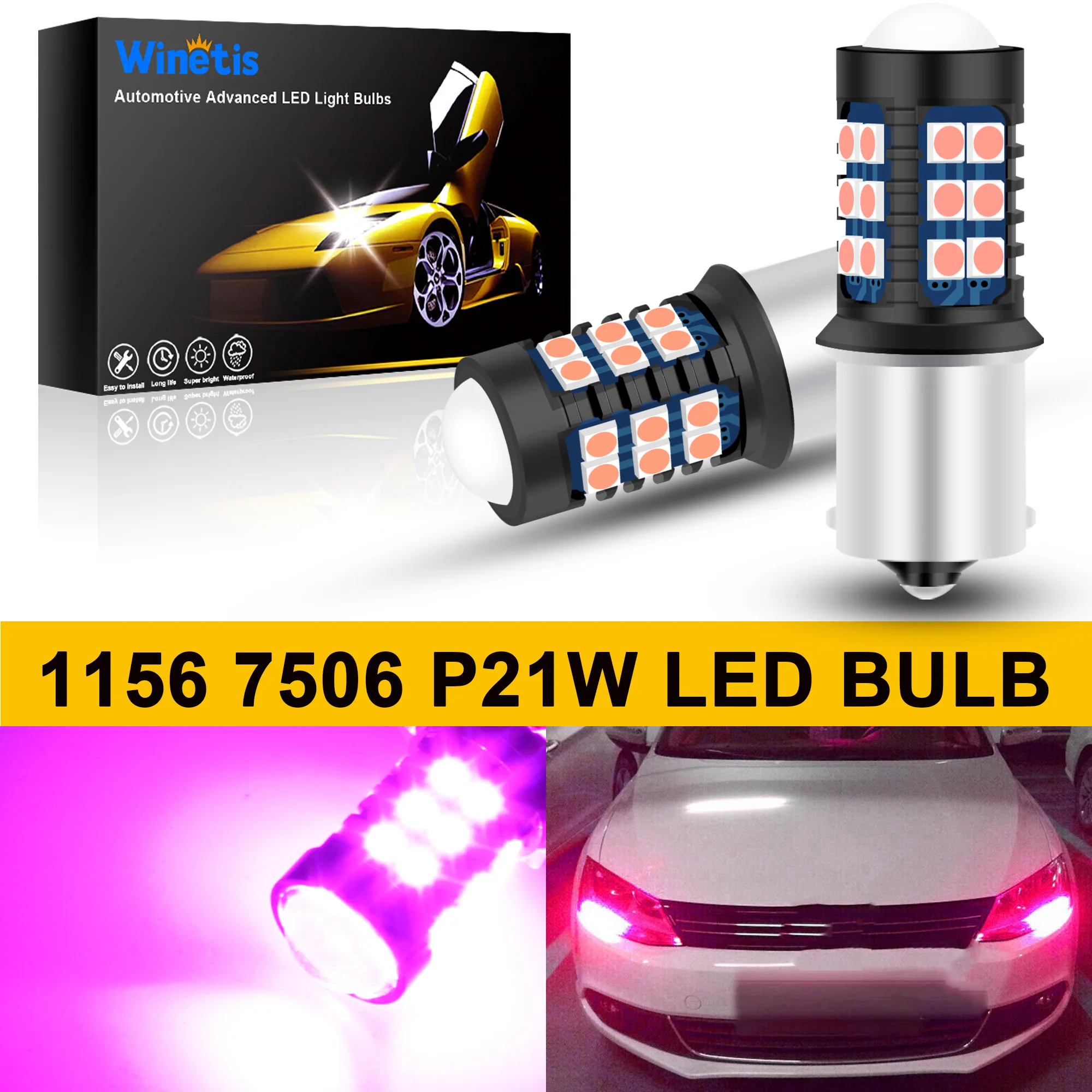 

Winetis 2Pcs 2400LM 1156 BA15S P21W Pink/Purple LED Car Bulb Canbus Auto Daytime Running Light DRL Backup Reverse Light 12V