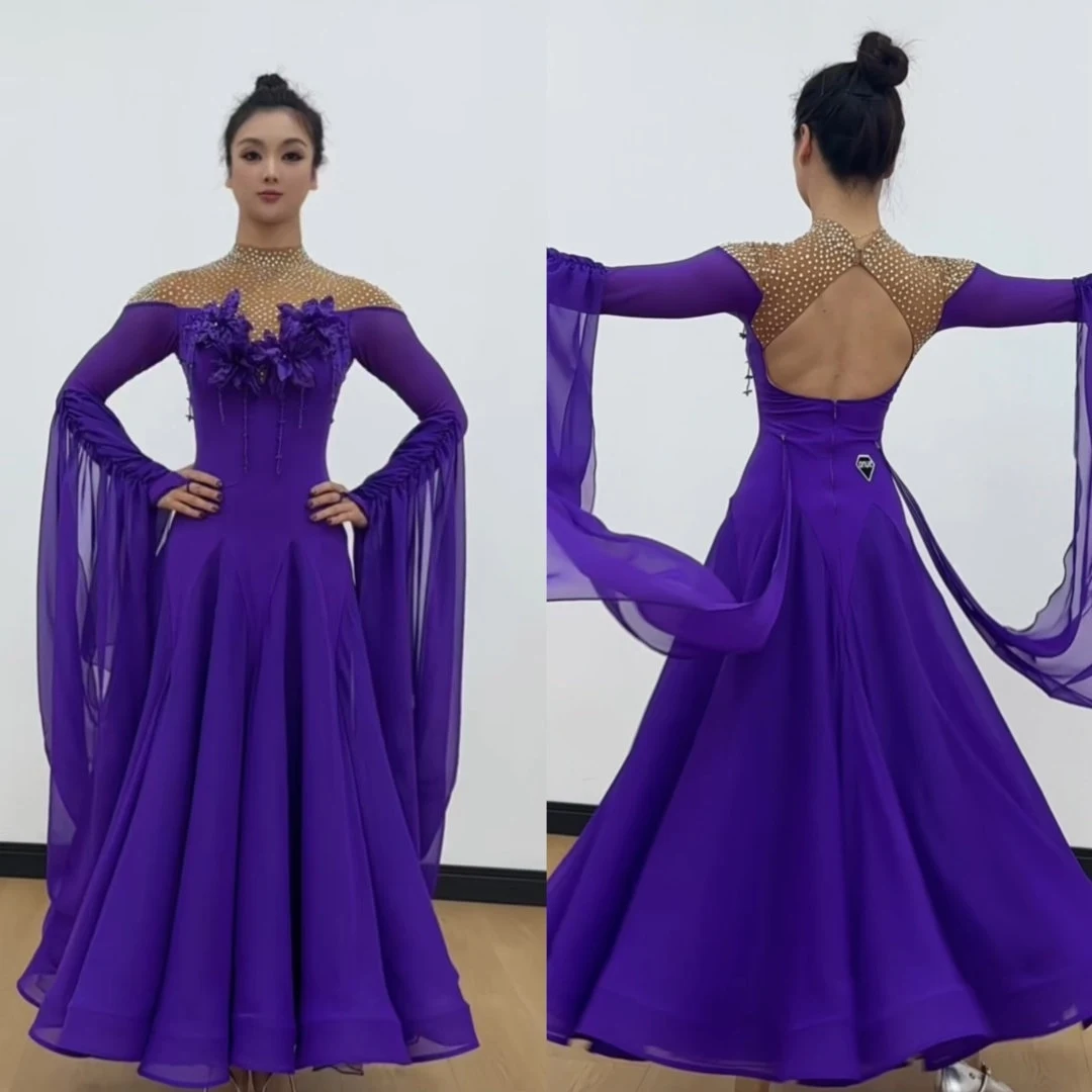 Ballroom Dance Competition Dress Women Purple Rhinestone Flower Long Sleeves Waltz Dance Clothing Performance Costume BL18412