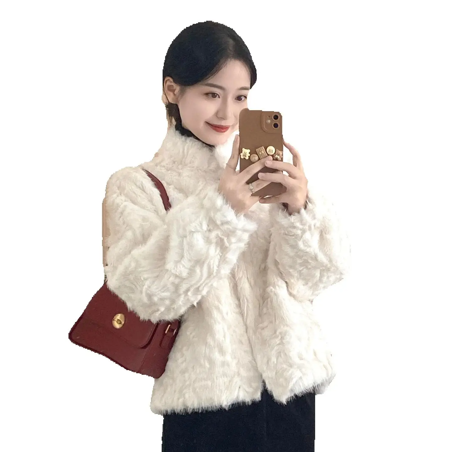 Eco-friendly Little Lake sheep fur coat for women in autumn and winter. Short, slimming, stand-up collar Korean-style for petite