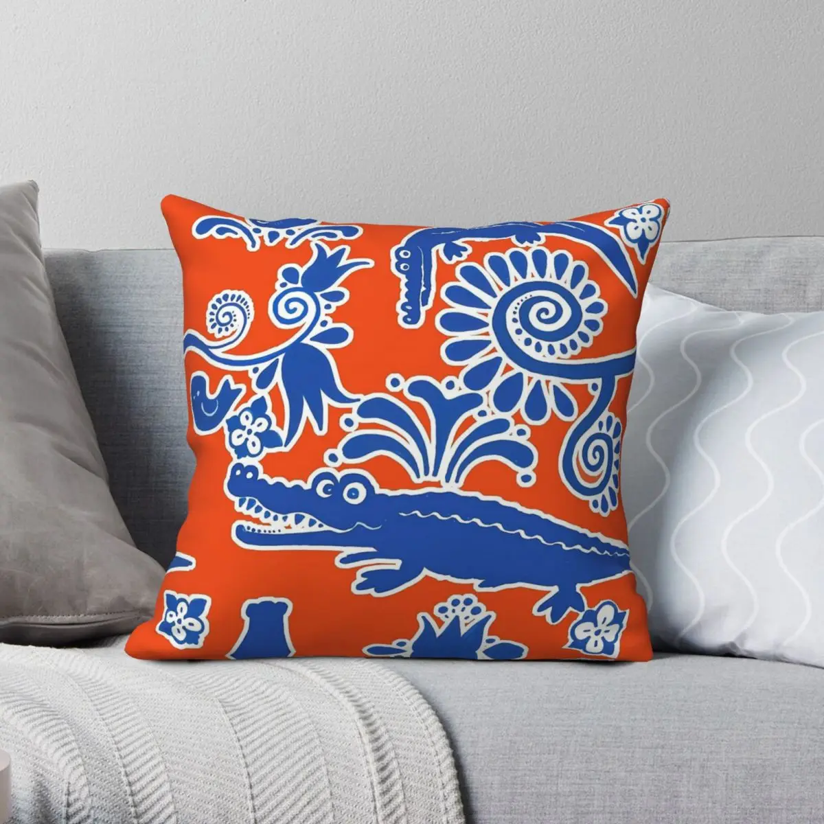 Gator Toile Orange Blue Square Pillowcase Polyester Linen Velvet Pattern Zip Decorative Throw Pillow Case Home Cushion Cover