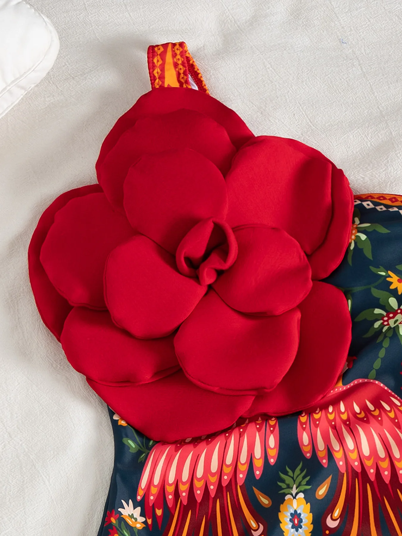 2025 Sexy One-Piece Swimsuit – Tropical Bird Print with 3D Red Flower Perfect for Beach Wear and Pool Parties Summer Beachwear