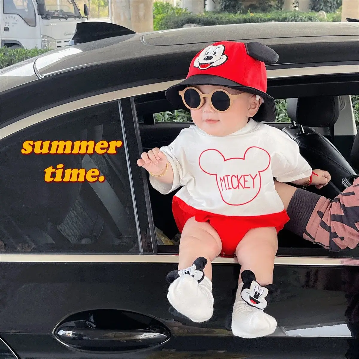 Summer Rompers For Newborn Baby Sock Hat 2pcs Set Cartoon Mickey Mouse Boys Girls Jumpsuit Infant Costume Short Sleeve Bodysuits