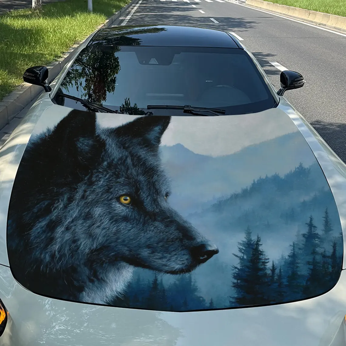 

Car Decals Realistic Wolf with Striking Yellow Eyes Set Against a Misty Mountain and Forest Backdrop Car Hood Sticker, Waterproo