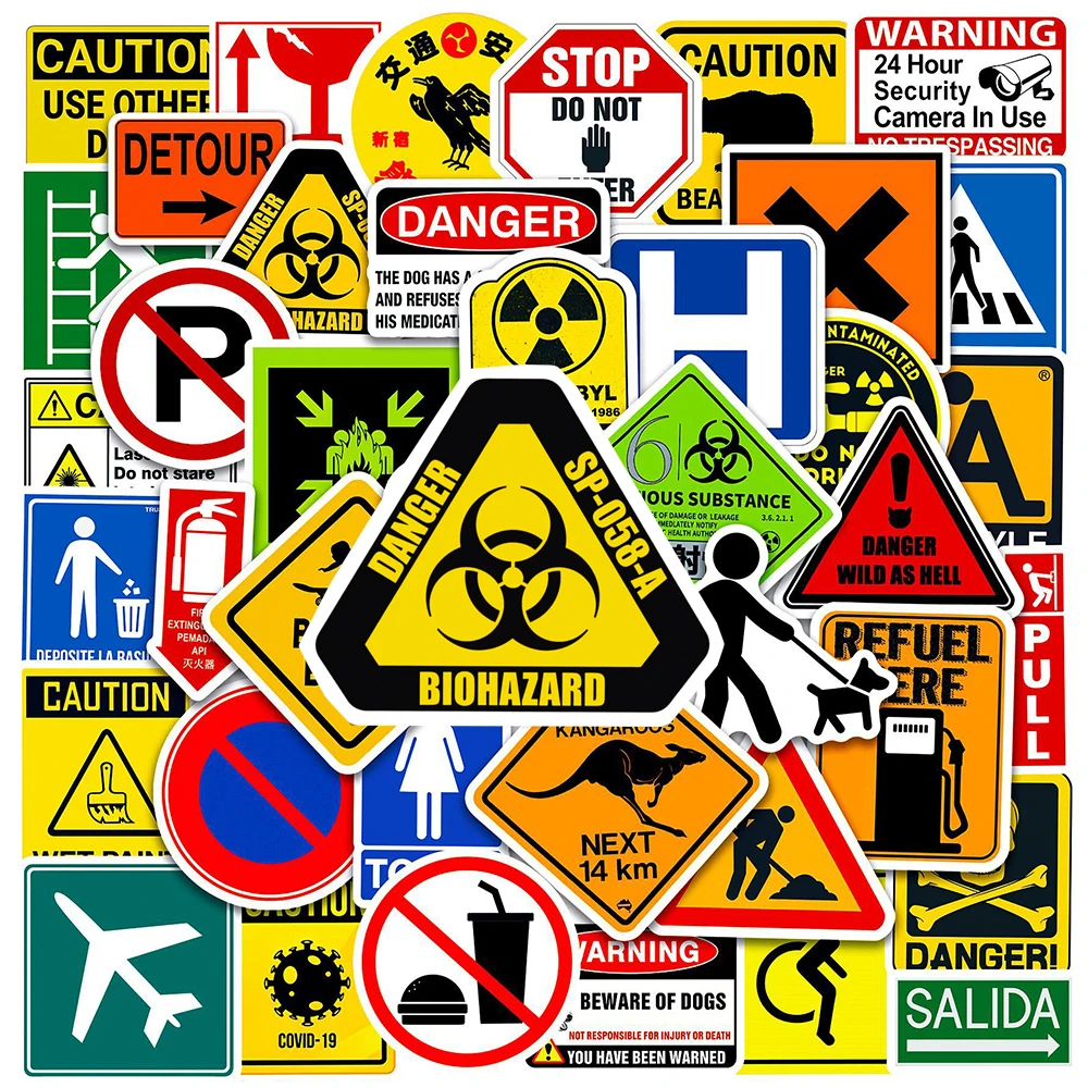 10/30/50pcs Waterproof Warning Signs Stickers Danger Banning Reminder Sticker for Wall Window Car Motorcycle DIY Graffiti Decal