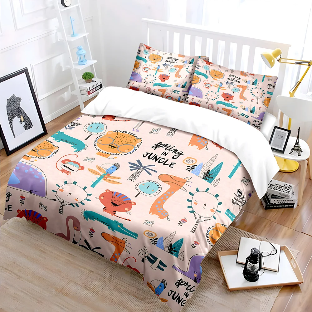 Cute cartoon animals in jungle spring Print Bedding Set 1 Duvet Cover 2 Pillowcases for Adult and Children Luxury Gift Full Size