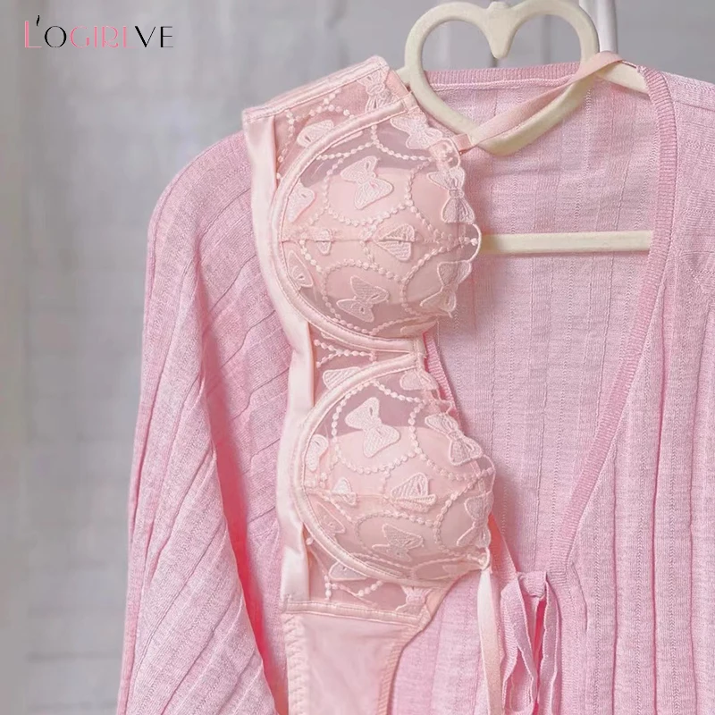 Logirlve Push Up Brassiere Gather Underwear Set Lace Thin cup For Women Underwear Sexy Bra Set Hollow Out French Lingerie