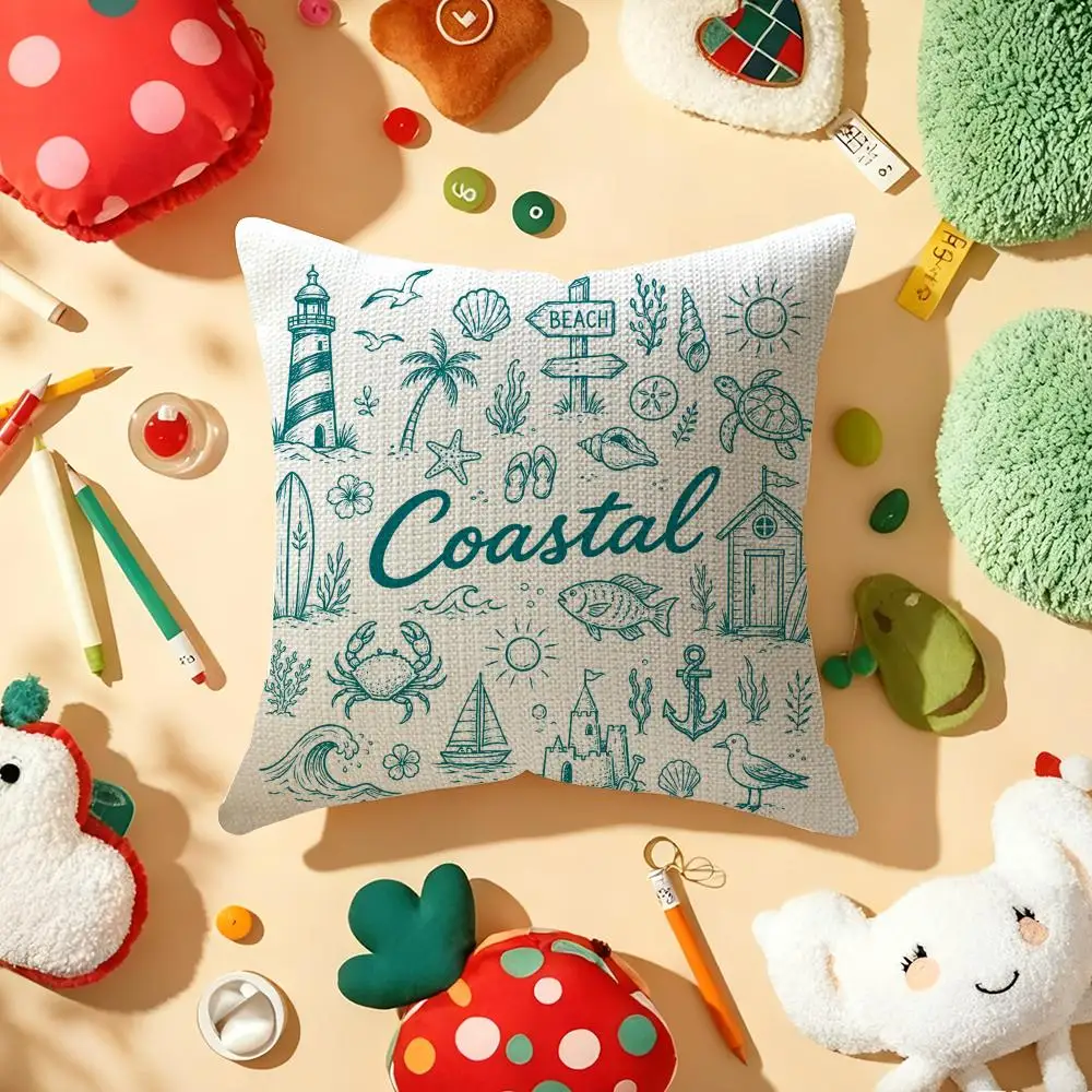 Cushion Cover Marine Life Sketches Linen Organic Fabric Double-Sided Printing Sofa Breathable Home Decor Gift Pillow Case