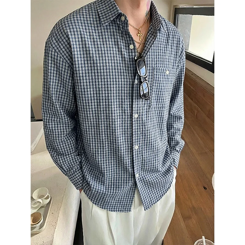 Cityboy Style Men's Oversized Textured Check Shirt Retro American Casual Long Sleeve Shirts Male Clothing