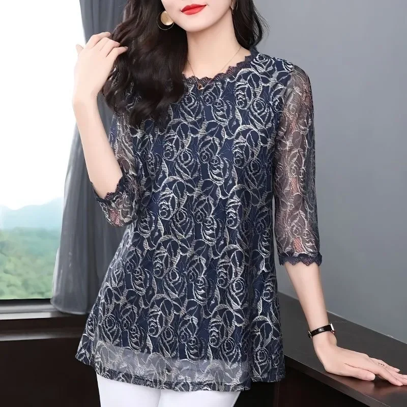 

Woman Summer Style Lace Mesh Blouses Shirts Lady Casual Half Sleeve O-Neck Flower Printed Blusas Tops