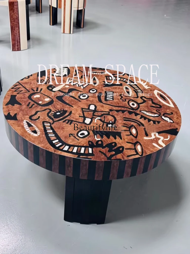 

Solid wood medieval painting art coffee table creative painted living room high-end round coffee table